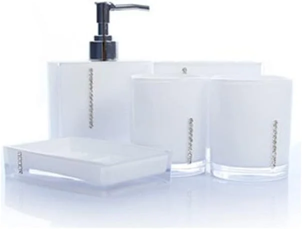 ست لوازم جانبی حمام 5 تکه شامل لیوان، جا مسواکی، جا صابونی، بطری مایع دستشویی، لوازم جانبی سرویس بهداشتی