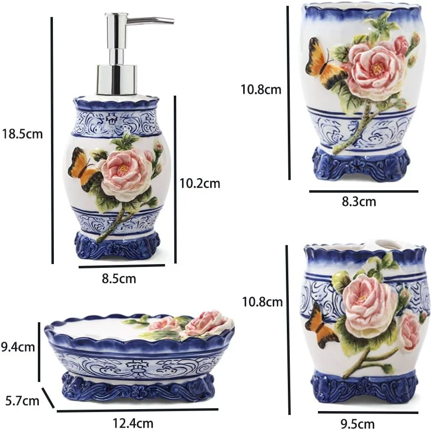ست لوازم جانبی سرامیکی حمام 5 تکه با طرح گل، شامل 1 جا مسواکی، 2 لیوان شستشو، 1 جا صابونی، 1 جا لوسیون، هدیه منزل