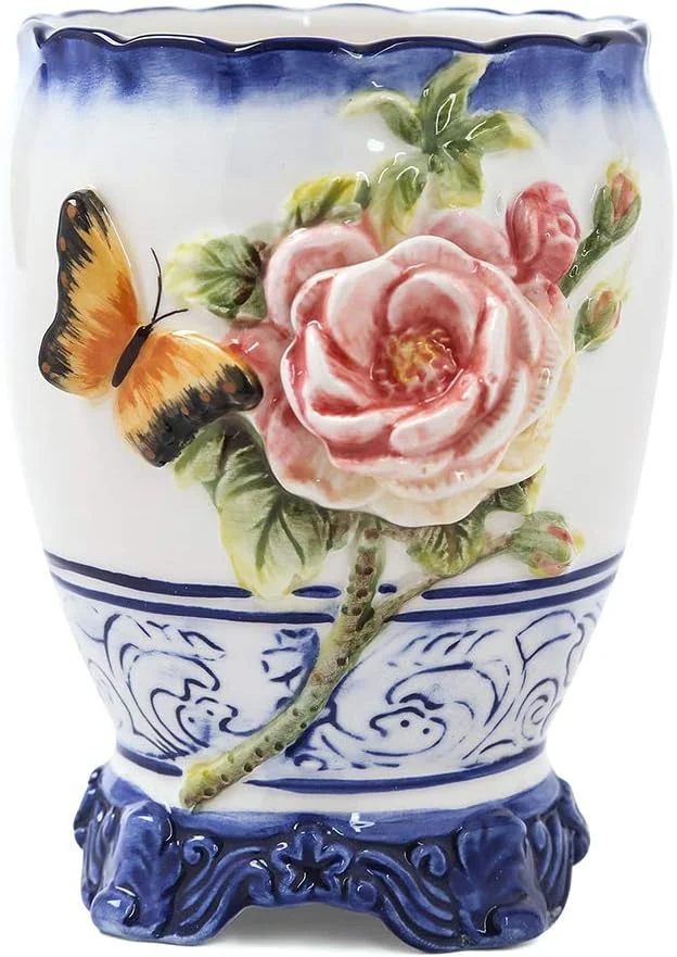 ست لوازم جانبی سرامیکی حمام 5 تکه با طرح گل، شامل 1 جا مسواکی، 2 لیوان شستشو، 1 جا صابونی، 1 جا لوسیون، هدیه منزل