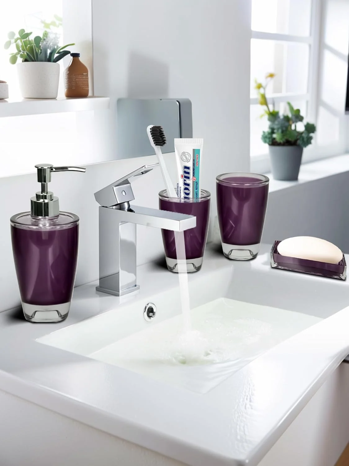 ست لوازم حمام، ست 4 تکه لوازم جانبی حمام بنفش با جا مسواکی، لیوان مسواک، جا مایع صابون، جای صابون، هدیه عروسی، هدیه خانه نویی، لوازم جانبی منزل، دکوراسیون حمام مدرن