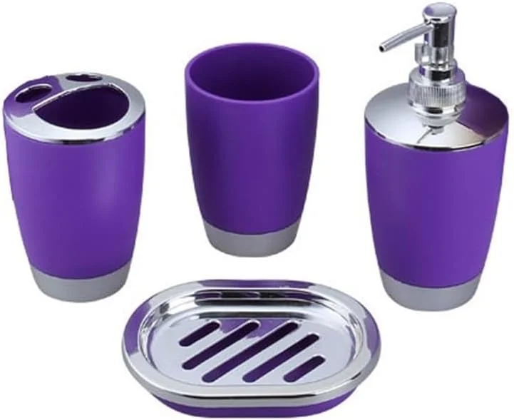 ست ۴ تکه پلاستیکی لوازم جانبی حمام شامل لیوان، جا مسواکی، جا صابونی و بطری مایع