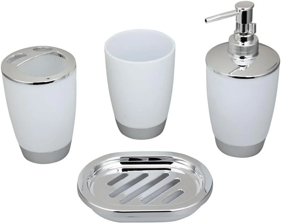 ست ۴ تکه پلاستیکی لوازم حمام شامل لیوان، جا مسواکی، جا صابونی، بطری مایع دستشویی و لوازم جانبی سرویس بهداشتی