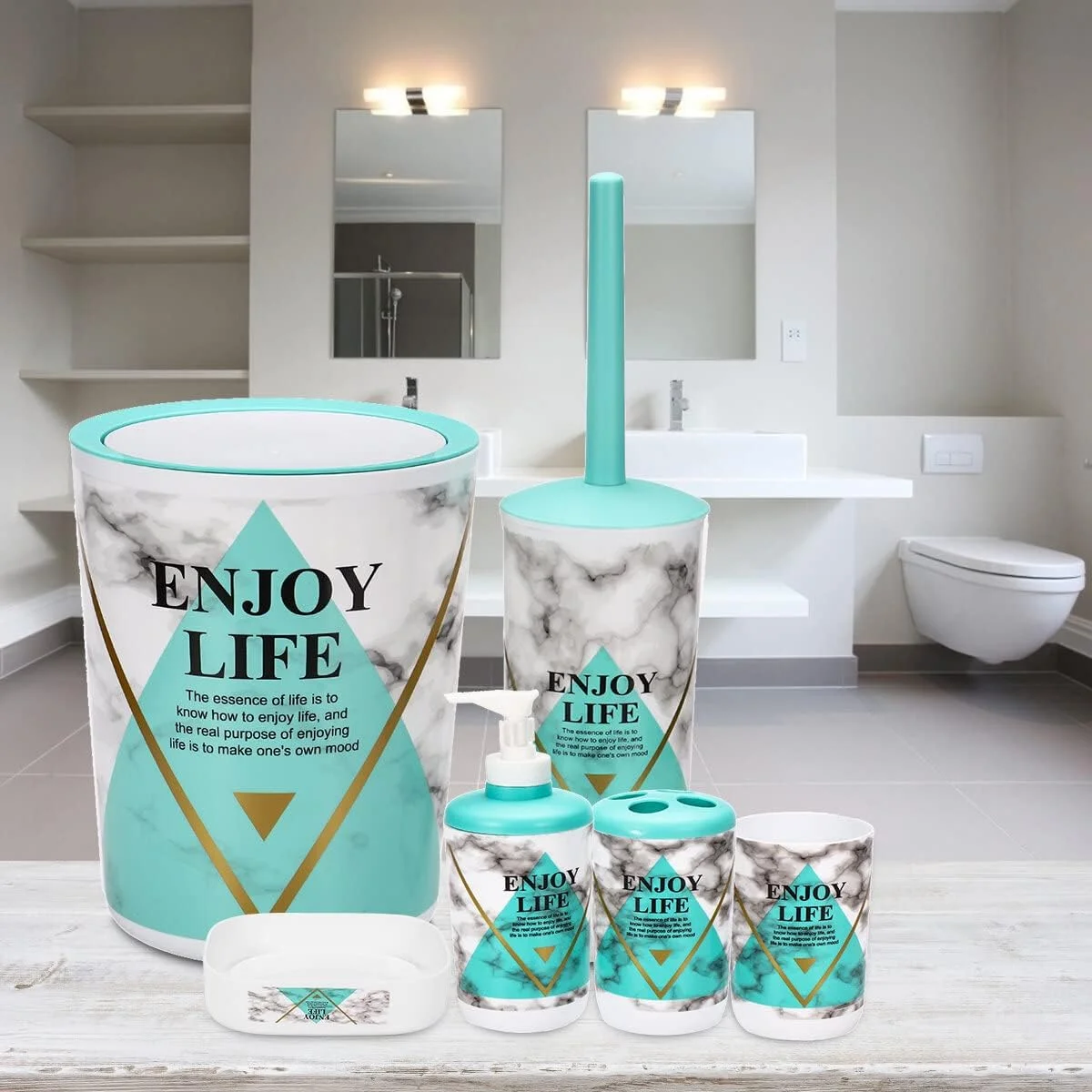 ست لوازم بهداشتی 6 تکه شامل جا مسواکی، جا مایع دستشویی، لیوان و سینی برای تزئین حمام