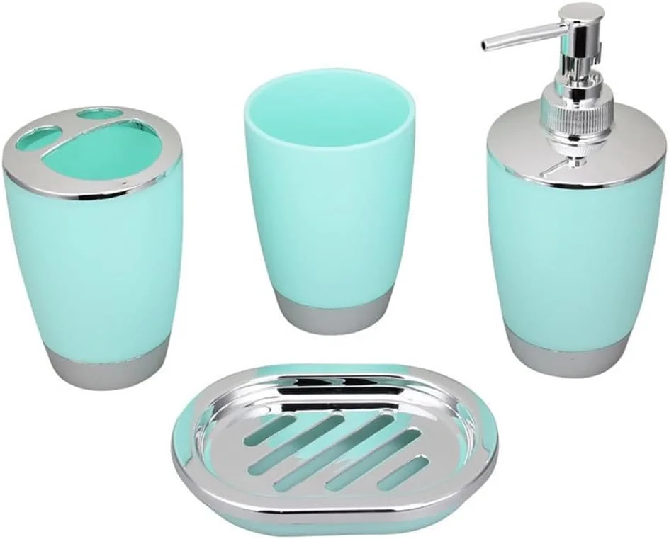 ست ۴ تکه پلاستیکی لوازم حمام شامل لیوان، جا مسواکی، جا صابونی و بطری مایع دستشویی