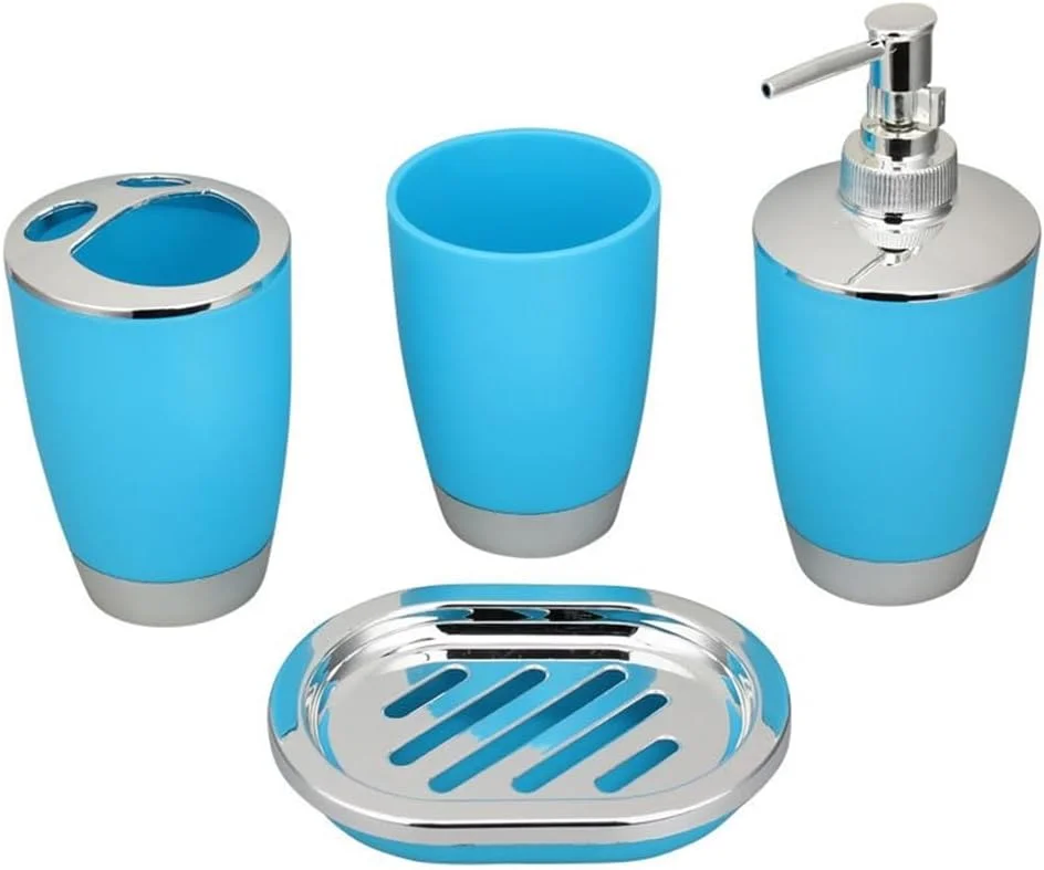 ست ۴ تکه پلاستیکی لوازم حمام شامل لیوان، جا مسواکی، جا صابونی و بطری مایع دستشویی