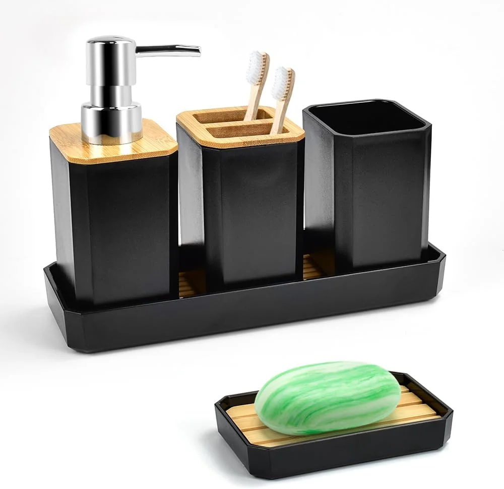 ست لوازم جانبی حمام 5 تکه، ست هدیه لوازم جانبی حمام شامل پمپ مایع دستشویی، جا صابونی، جا مسواکی، لیوان، سینی، دکور حمام مدرن برای جا مسواکی (مشکی)