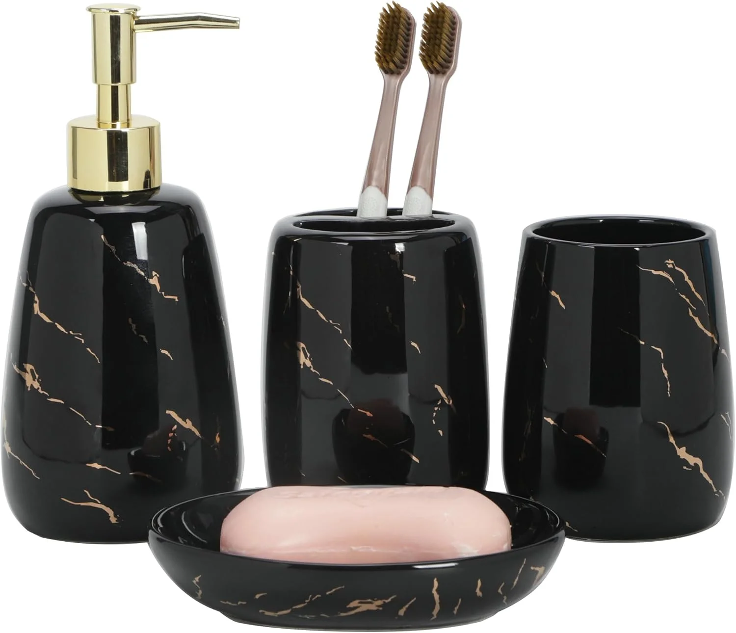 ست لوازم جانبی حمام ADAVAS.Y&G، ست 4 تکه با طرح مرمر برای دکوراسیون آپارتمان و سرویس بهداشتی، هدیه سرامیکی برای زنان و مردان - مشکی طلایی جوهری (مشکی)