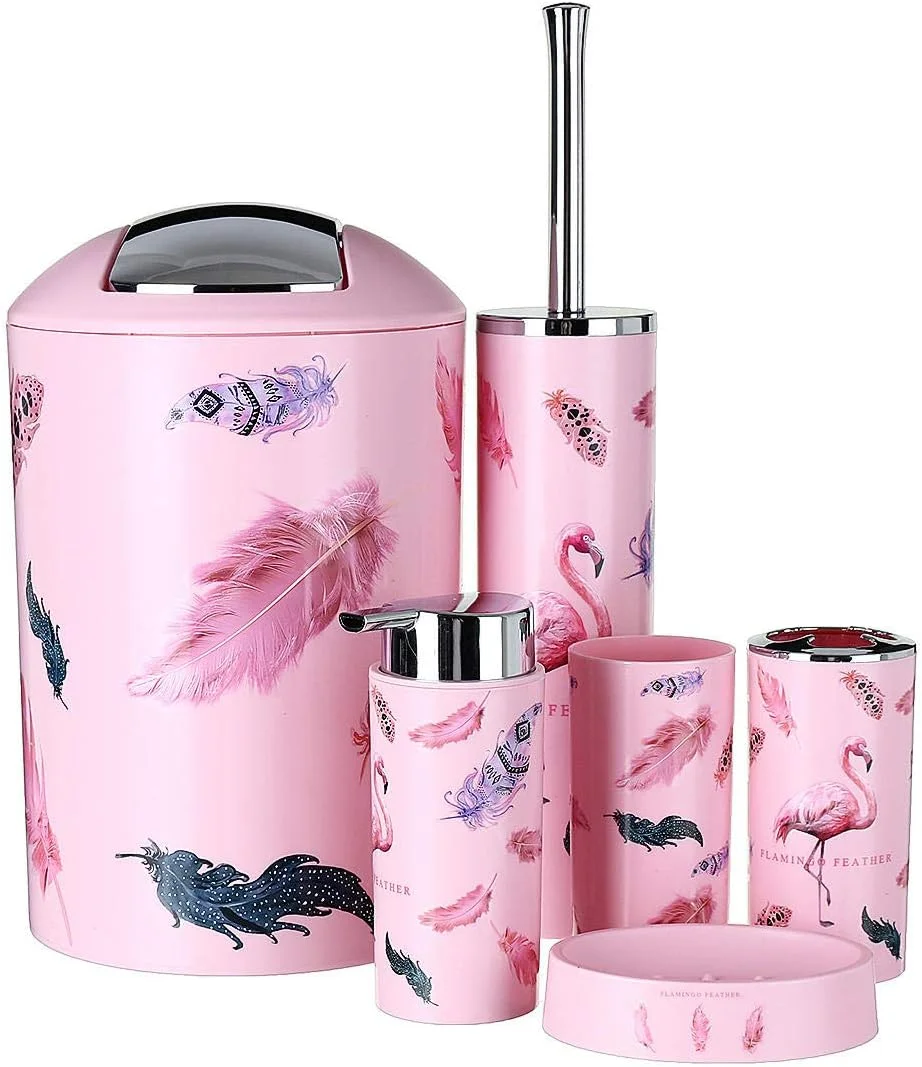 ست لوازم جانبی حمام 6 تکه شامل جا مایع دستشویی، جا مسواکی، سطل زباله و برس توالت