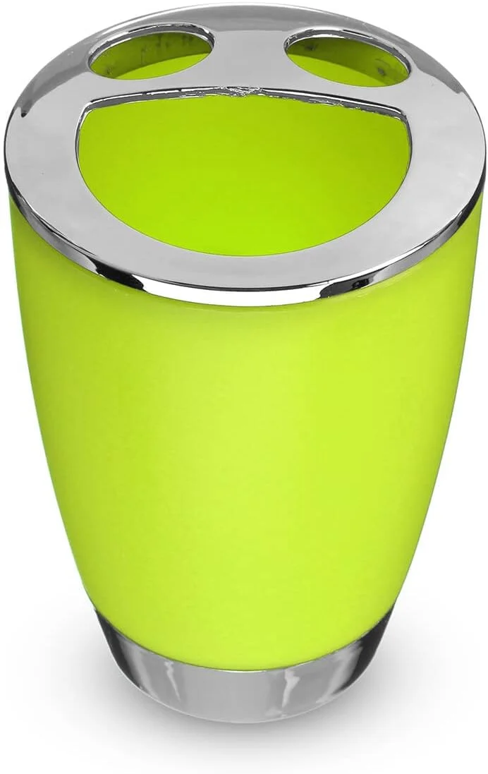 ست ۴ تکه پلاستیکی لوازم حمام شامل لیوان، جا مسواکی، جا صابونی و بطری مایع دستشویی