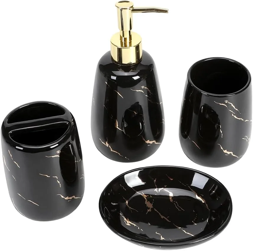 ست لوازم جانبی حمام ADAVAS.Y&G، ست 4 تکه با طرح مرمر برای دکوراسیون آپارتمان و سرویس بهداشتی، هدیه سرامیکی برای زنان و مردان - مشکی طلایی جوهری (مشکی)