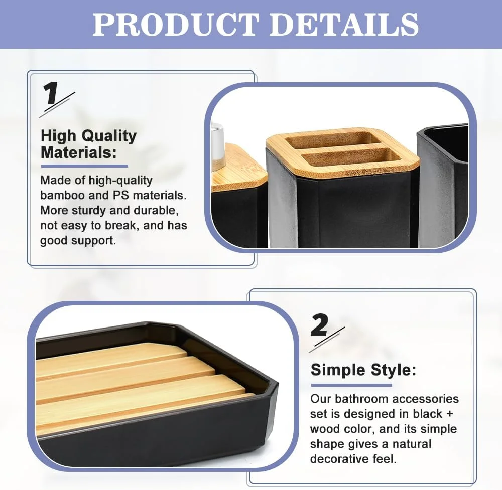 ست لوازم جانبی حمام 5 تکه، ست هدیه لوازم جانبی حمام شامل پمپ مایع دستشویی، جا صابونی، جا مسواکی، لیوان، سینی، دکور حمام مدرن برای جا مسواکی (مشکی)