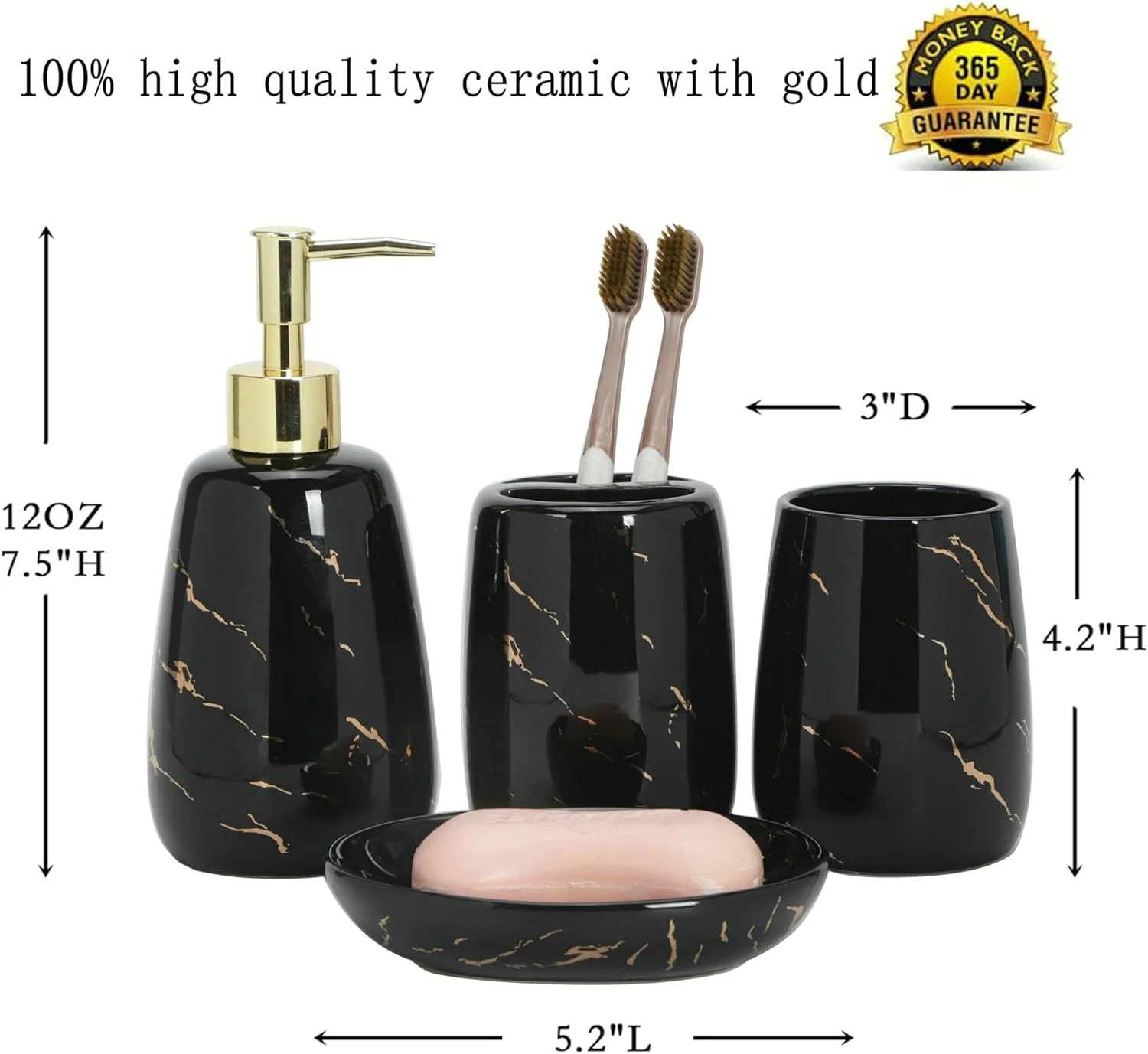 ست لوازم جانبی حمام ADAVAS.Y&G، ست 4 تکه با طرح مرمر برای دکوراسیون آپارتمان و سرویس بهداشتی، هدیه سرامیکی برای زنان و مردان - مشکی طلایی جوهری (مشکی)