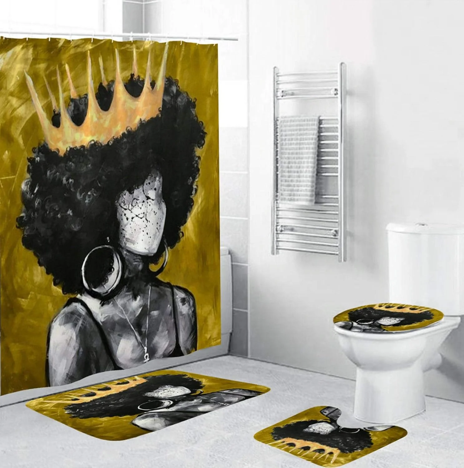 ست پرده حمام، پادری و روکش توالت با طرح دختر آفریقایی، ضد لغزش