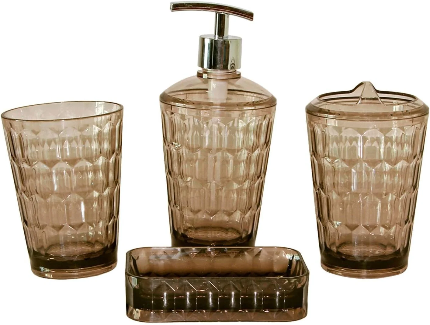 ست ۴ تکه لوازم حمام شامل جا مسواکی و جا مایع لوسیون برای روی میز، قهوه ای