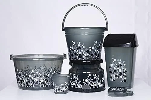 ست پلاستیکی حمام ایر او متیک، ۶ تکه، مقاوم و بادوام، ظرفیت بزرگ (تشت ۱۸ لیتری، سطل ۱۸ لیتری، پاتلا گرد نوا، سطل زباله مرتب ۹ لیتری، لیوان ۱ لیتری، جا صابونی) مشکی