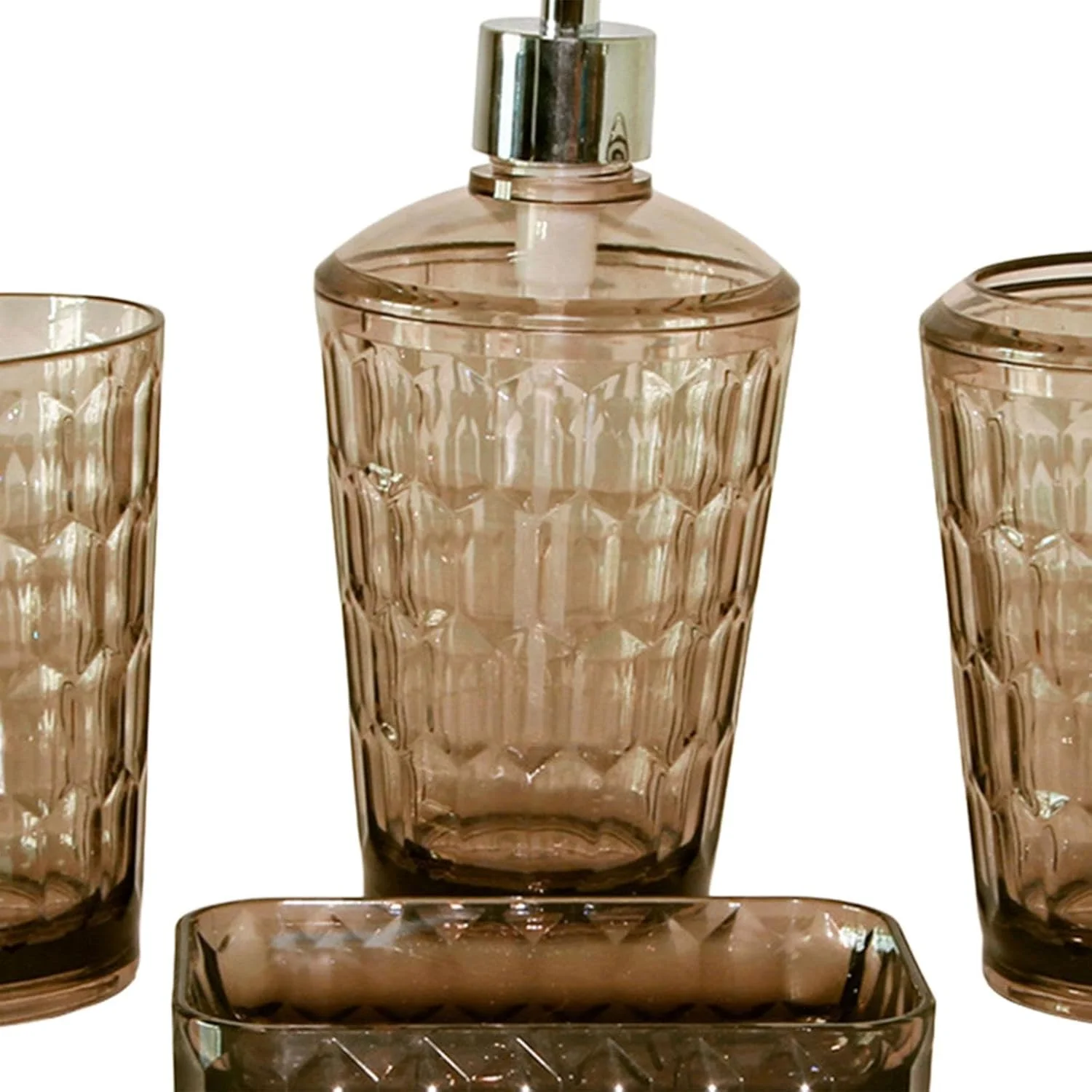 ست ۴ تکه لوازم حمام شامل جا مسواکی و جا مایع لوسیون برای روی میز، قهوه ای