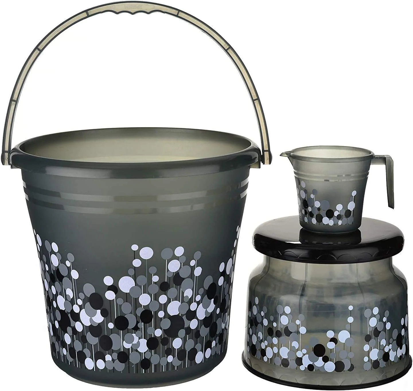 ست پلاستیکی حمام ایر او متیک، ۶ تکه، مقاوم و بادوام، ظرفیت بزرگ (تشت ۱۸ لیتری، سطل ۱۸ لیتری، پاتلا گرد نوا، سطل زباله مرتب ۹ لیتری، لیوان ۱ لیتری، جا صابونی) مشکی