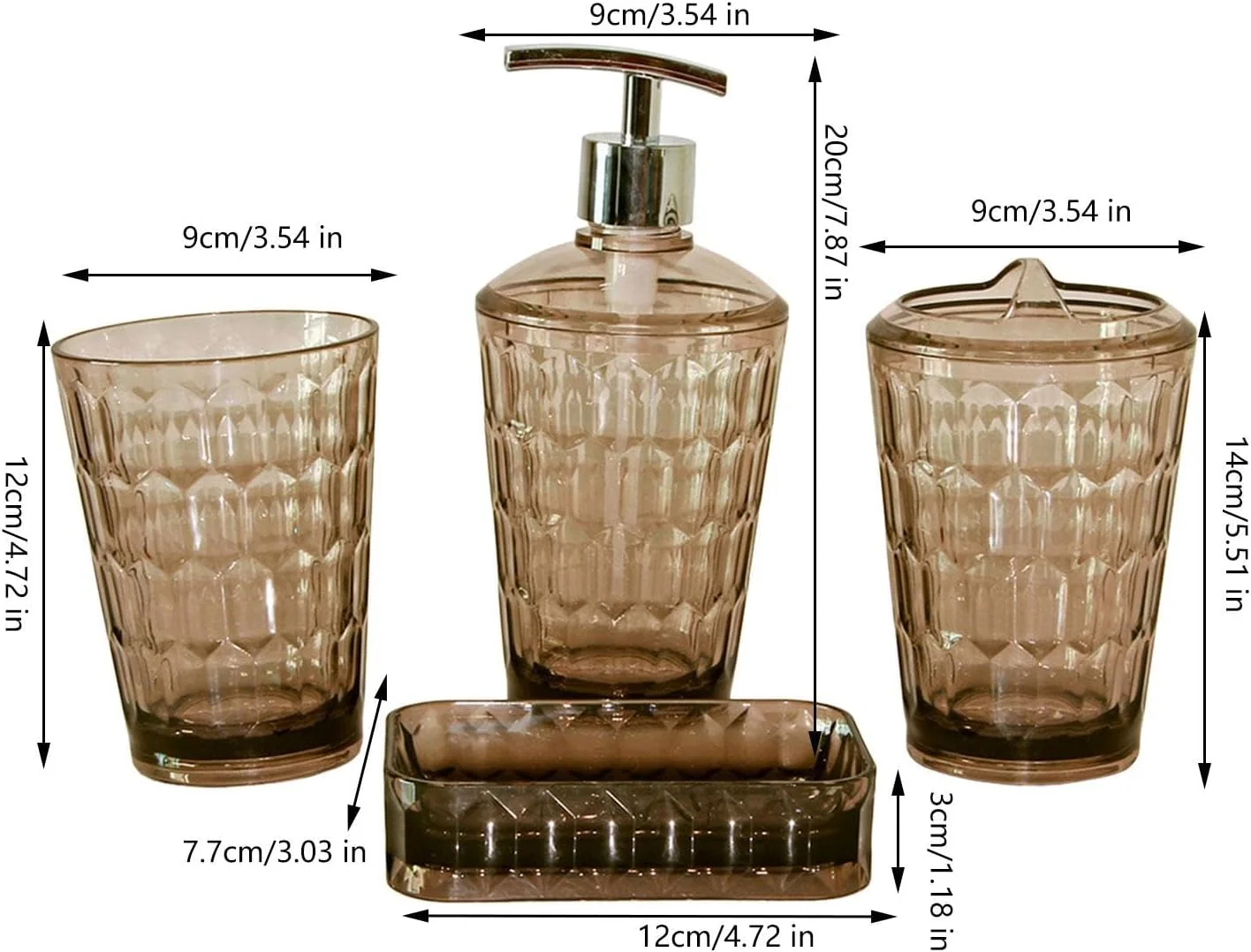 ست ۴ تکه لوازم حمام شامل جا مسواکی و جا مایع لوسیون برای روی میز، قهوه ای