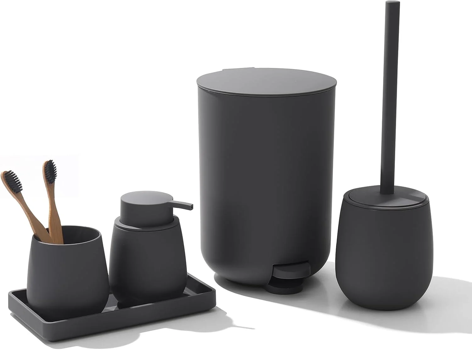 ست لوازم حمام مدرن خاکستری، شامل سطل زباله، برس توالت، جا مایع صابون، لیوان مسواک و سینی (خاکستری - 5 تکه)