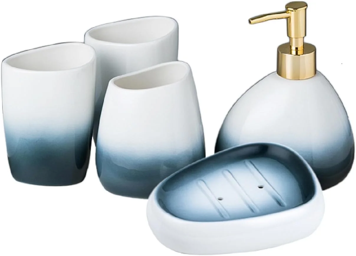 ست لوازم جانبی سرامیکی 5 تکه آلبودانل، شامل 2 لیوان، پمپ پخش کننده لوسیون/صابون، جا مسواکی، جا صابونی، دکور زیبا برای حمام (آبی)