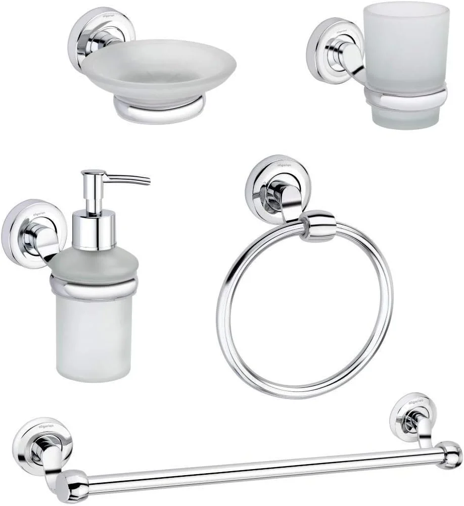 ست لوازم جانبی حمام استیل آلیگاریان شامل میله حوله، حلقه، جا مایع، جا مسواکی، جا صابونی (بسته 5 عددی)