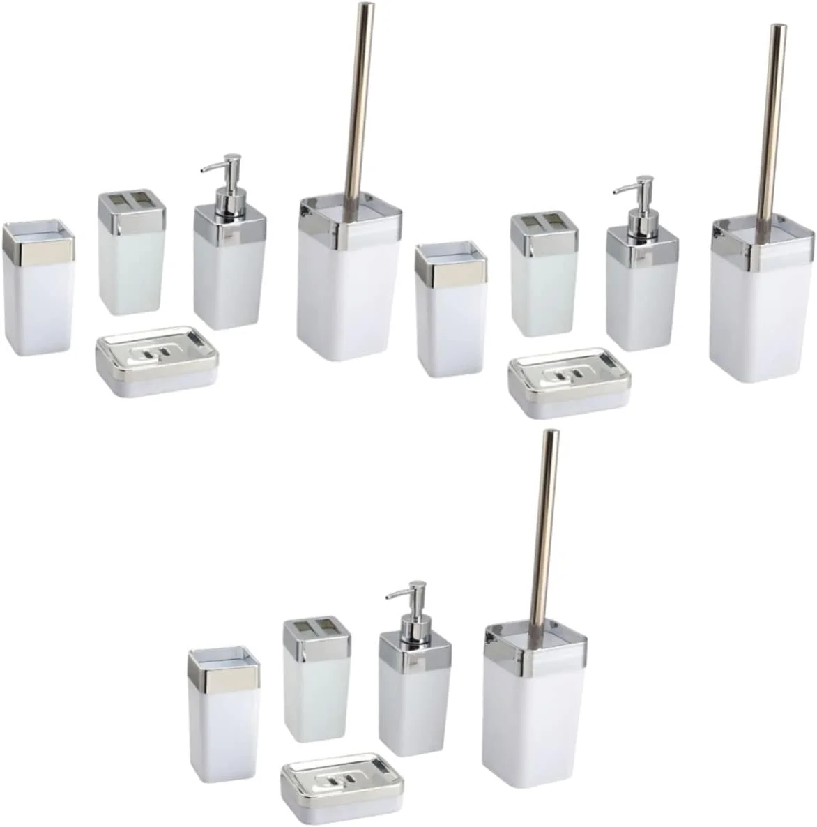 ست لوازم حمام شامل جا مایع، جا صابونی، جا مسواکی، لیوان و برس توالت، سفید