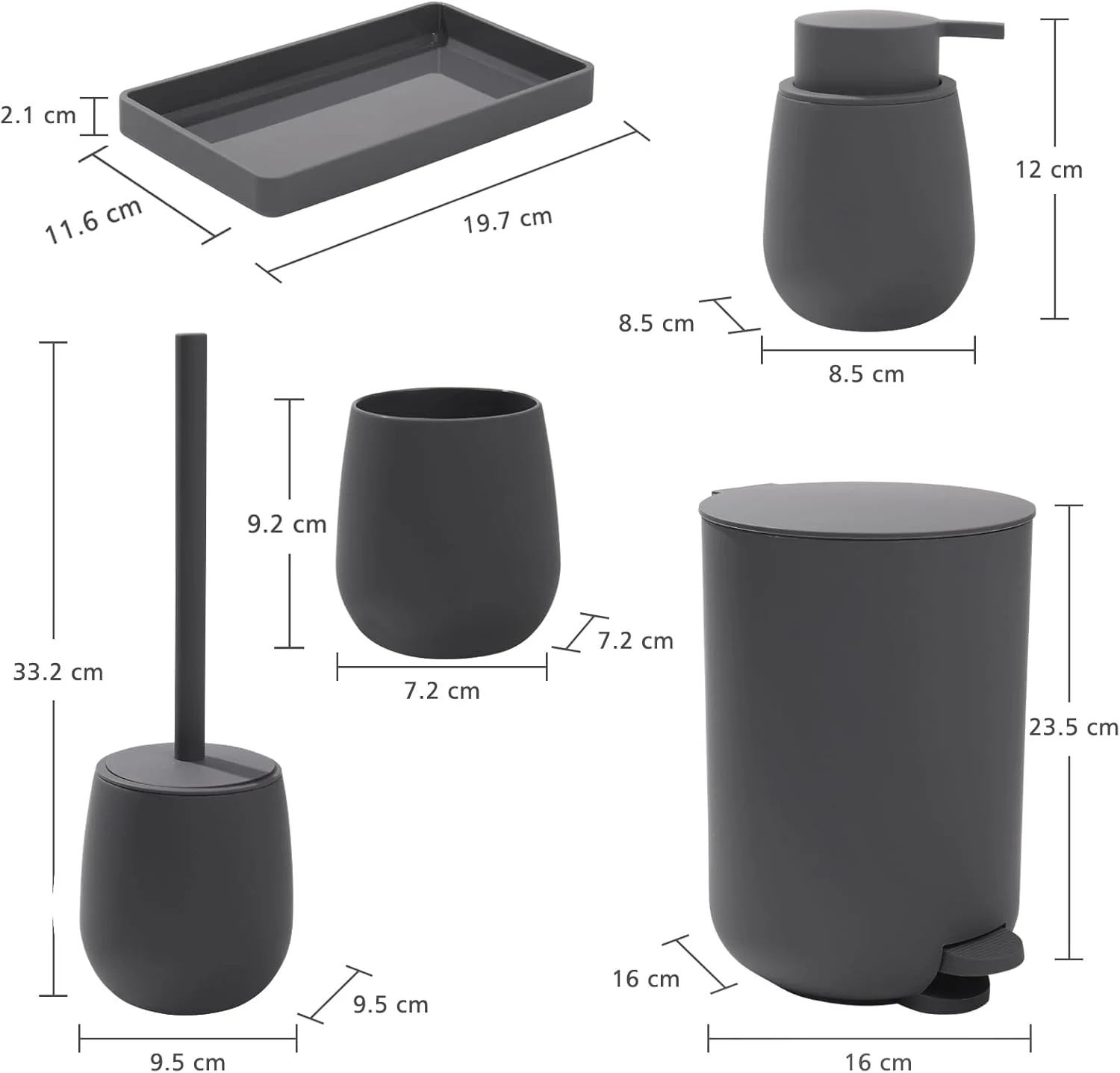 ست لوازم حمام مدرن خاکستری، شامل سطل زباله، برس توالت، جا مایع صابون، لیوان مسواک و سینی (خاکستری - 5 تکه)