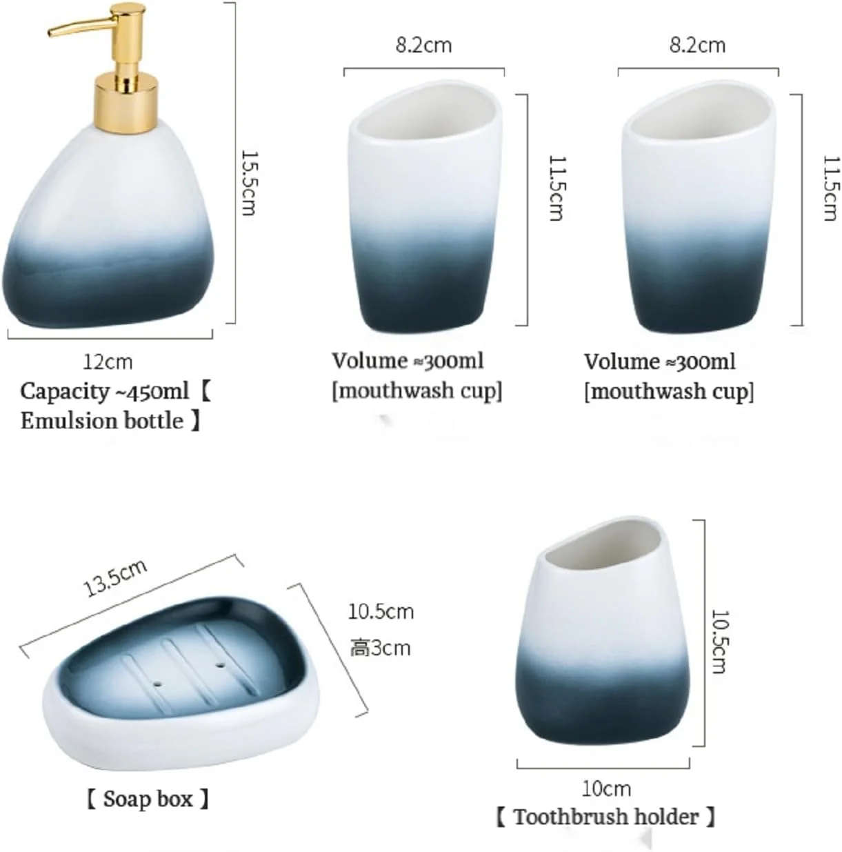 ست لوازم جانبی سرامیکی 5 تکه آلبودانل، شامل 2 لیوان، پمپ پخش کننده لوسیون/صابون، جا مسواکی، جا صابونی، دکور زیبا برای حمام (آبی)
