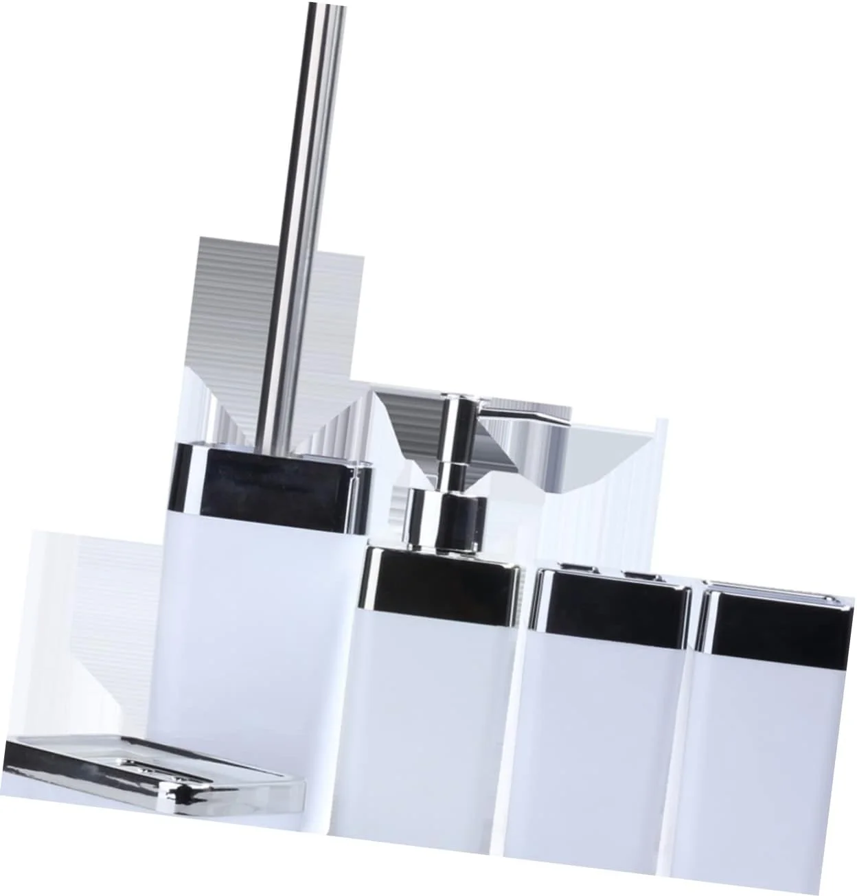 ست لوازم حمام شامل جا مایع، جا صابونی، جا مسواکی، لیوان و برس توالت، سفید