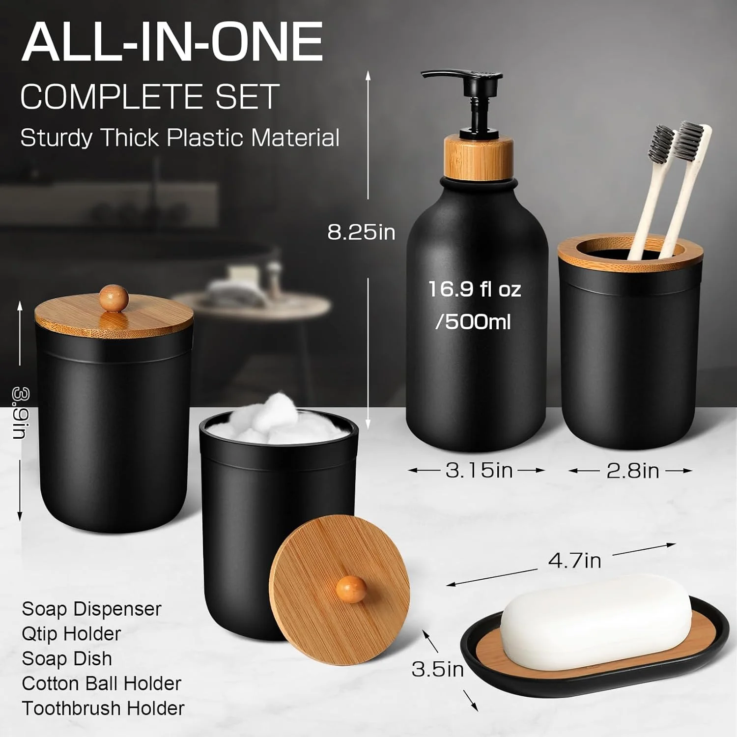ست لوازم جانبی حمام مشکی 5 تکه، لوازم جانبی حمام مشکی مات، جا مایع صابون پلاستیکی و ست جا مسواکی، جا پنبه و گوش پاک کن، ست حمام مشکی، دکور حمام بوهمی