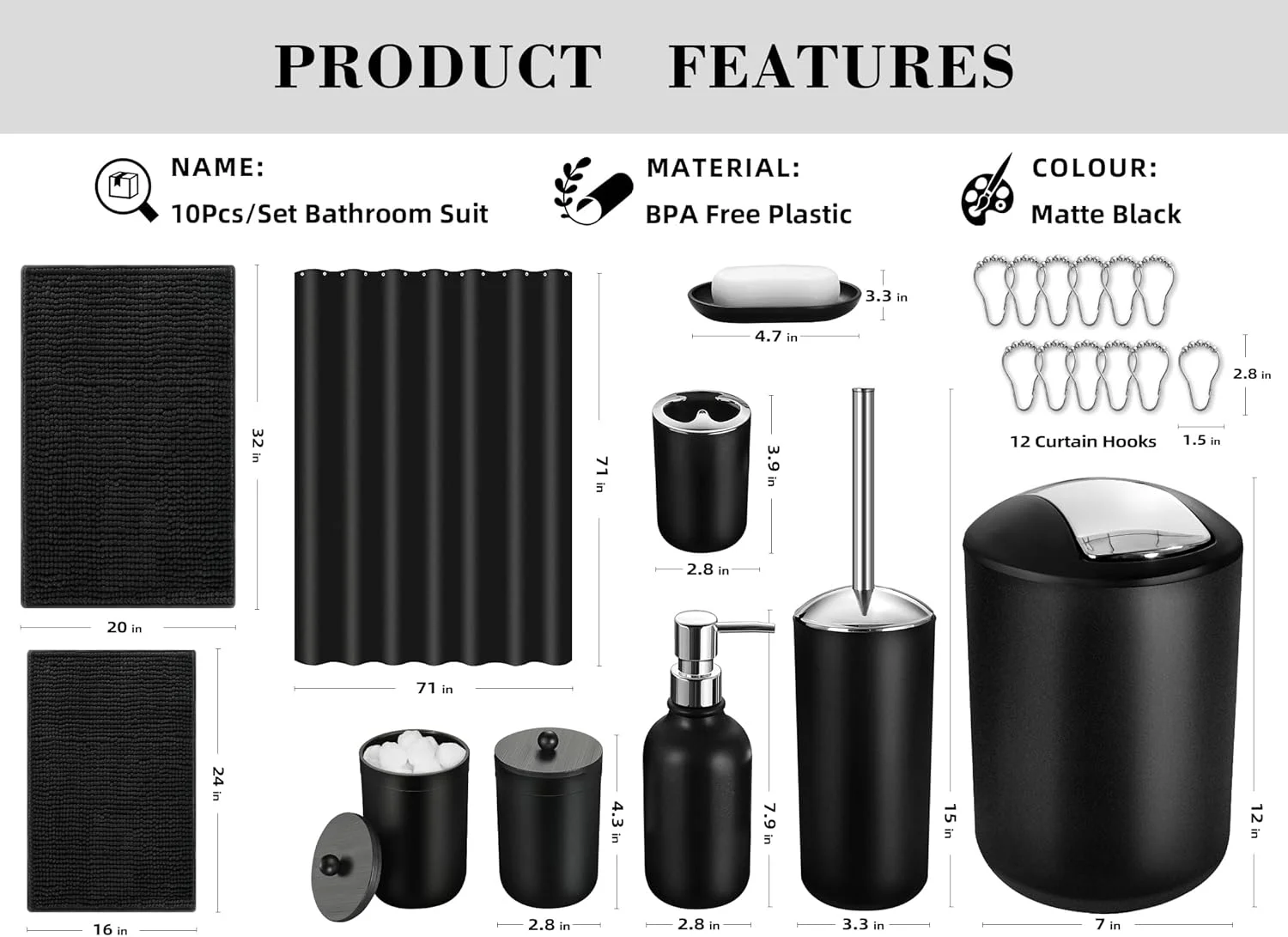ست لوازم جانبی حمام مشکی ALPIRIRAL، ست های حمام 22 تکه با پرده حمام و پادری، ست لوازم جانبی حمام کامل با سطل زباله، پادری حمام ضد لغزش فوق العاده جاذب