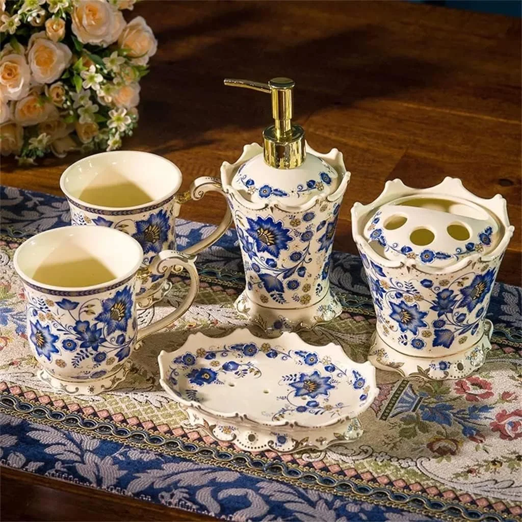 ست شستشوی سرامیکی، شامل جا مسواکی، لیوان دهانشویه و لوازم بهداشتی منزل، طراحی اروپایی، ست پنج تکه مناسب حمام