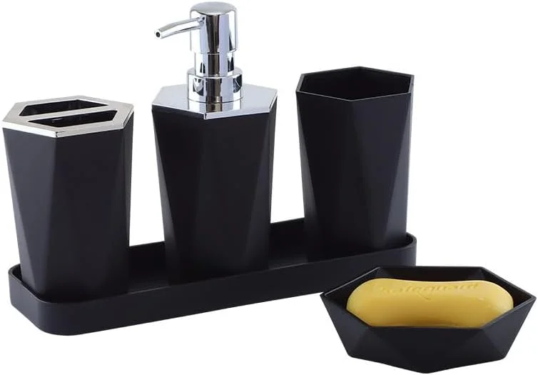 ست لوازم جانبی حمام 5 تکه - جا مسواکی، جا مایع لوسیون، جا صابونی، لیوان، برس توالت و جا، دکور مدرن حمام (مشکی)