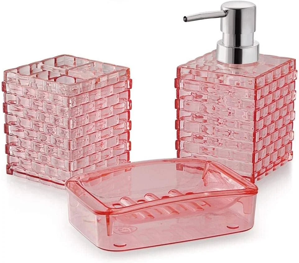 ست لوازم حمام مکعبی اکرلیک AmigozZ - سه تکه. شامل جا مایع دستشویی، جا مسواک و خمیر دندان، جا صابونی. مناسب برای اتاق، حمام، حمام هتل لوکس. (صورتی تیره)