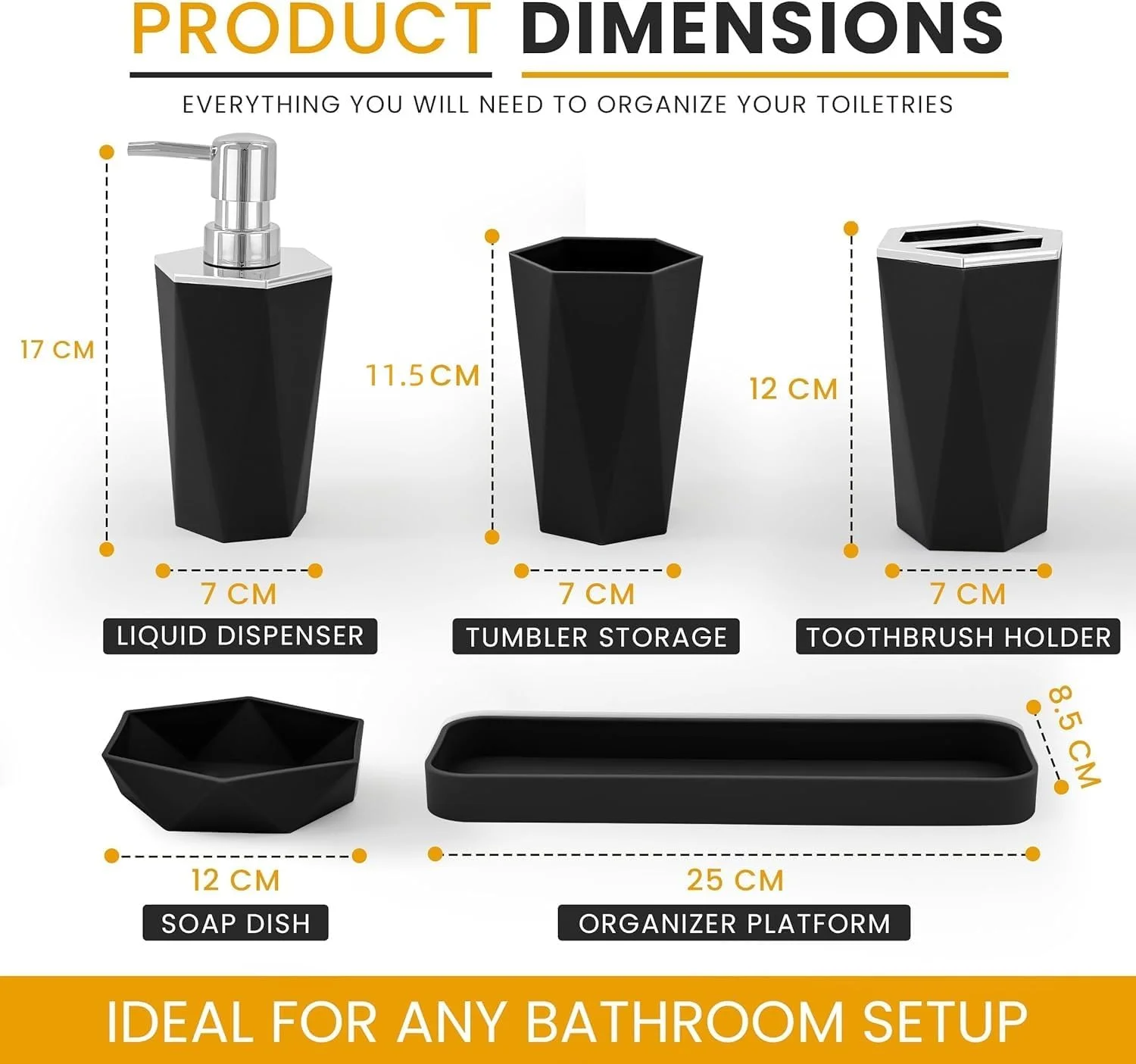 ست لوازم جانبی حمام 5 تکه - جا مسواکی، جا مایع لوسیون، جا صابونی، لیوان، برس توالت و جا، دکور مدرن حمام (مشکی)