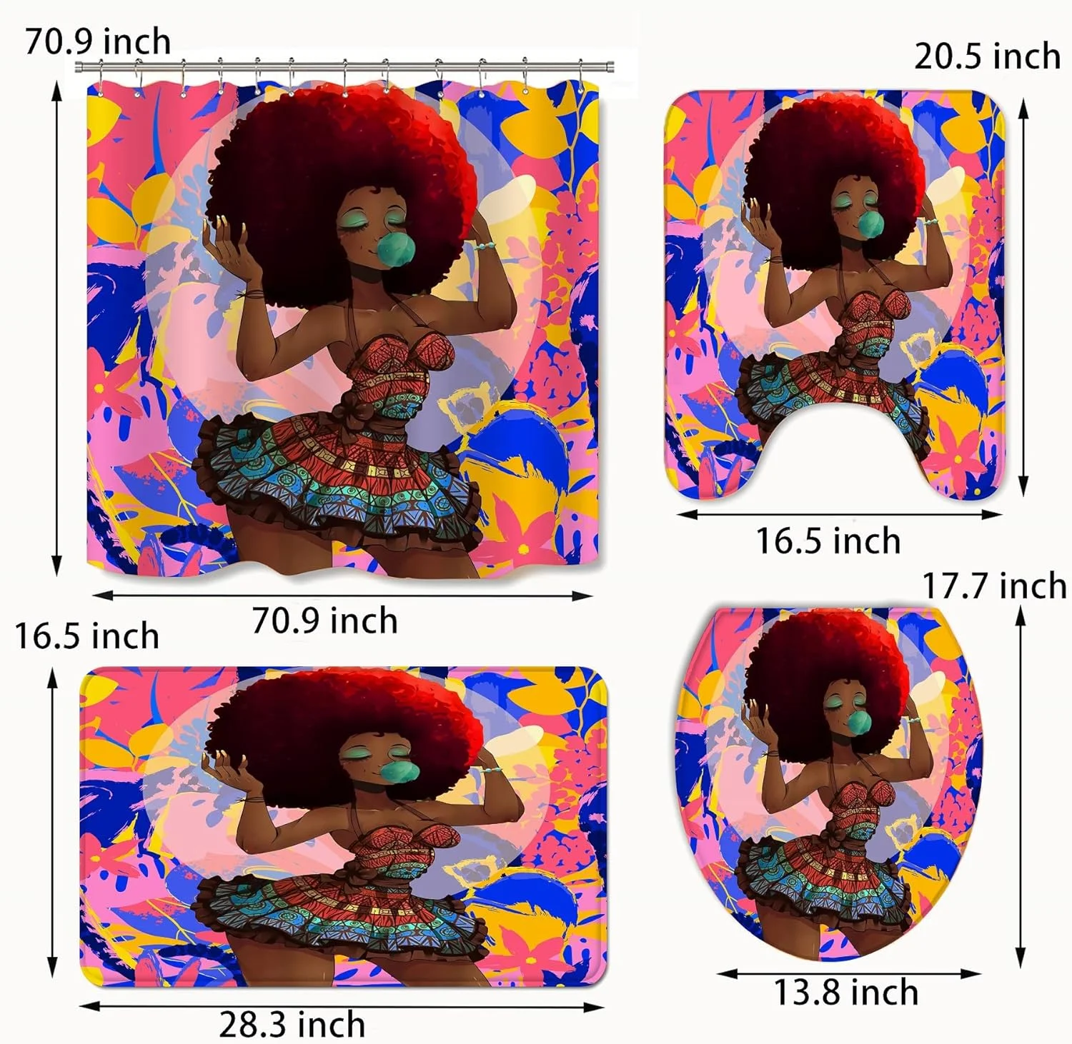 پرده حمام طرح بانوی آفریقایی-آمریکایی کلاسیک برای حمام - ست 4 تکه شامل 1 پرده حمام و 3 عدد فرش توالت ضد لغزش و روکش درب توالت (قرمز)