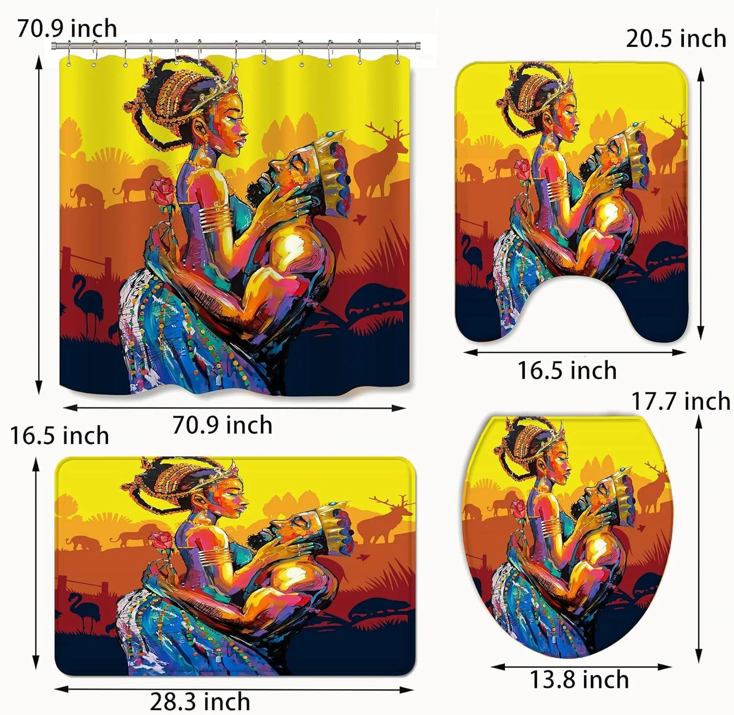 پرده حمام طرح بانوی آفریقایی-آمریکایی کلاسیک برای حمام - ست 4 تکه شامل 1 پرده حمام و 3 عدد فرش توالت ضد لغزش و روکش درب توالت (آبی)