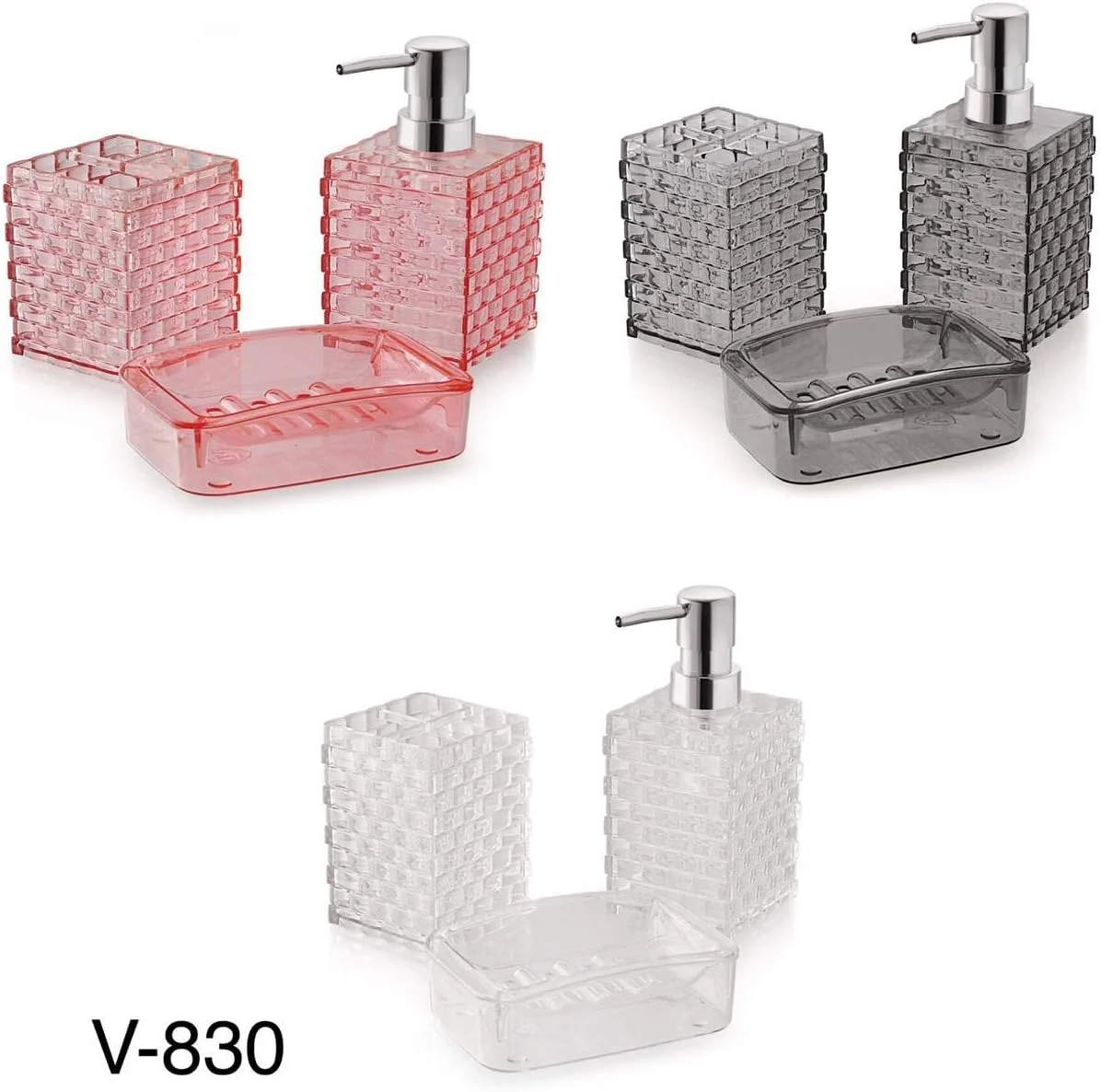 ست لوازم حمام مکعبی اکرلیک AmigozZ - سه تکه. شامل جا مایع دستشویی، جا مسواک و خمیر دندان، جا صابونی. مناسب برای اتاق، حمام، حمام هتل لوکس. (صورتی تیره)