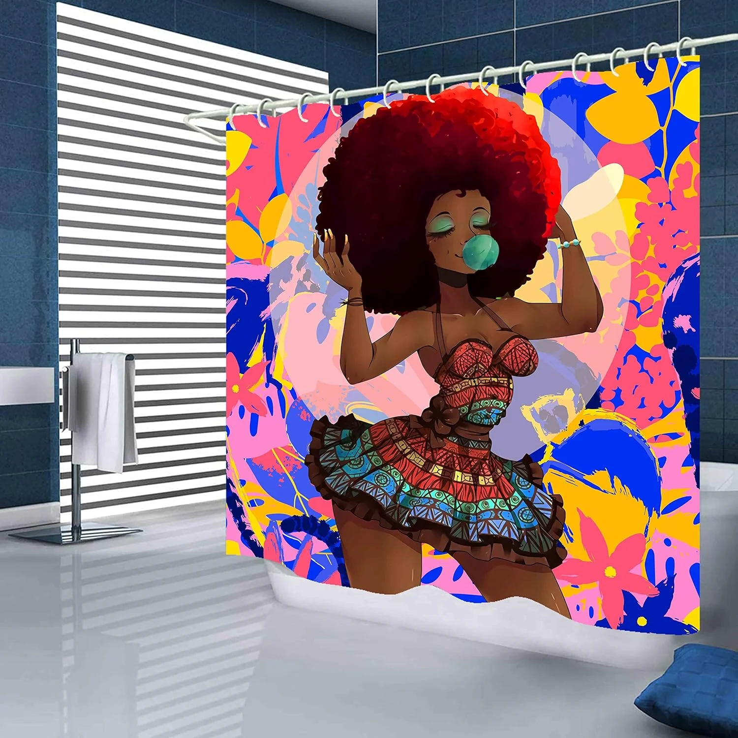 پرده حمام طرح بانوی آفریقایی-آمریکایی کلاسیک برای حمام - ست 4 تکه شامل 1 پرده حمام و 3 عدد فرش توالت ضد لغزش و روکش درب توالت (قرمز)