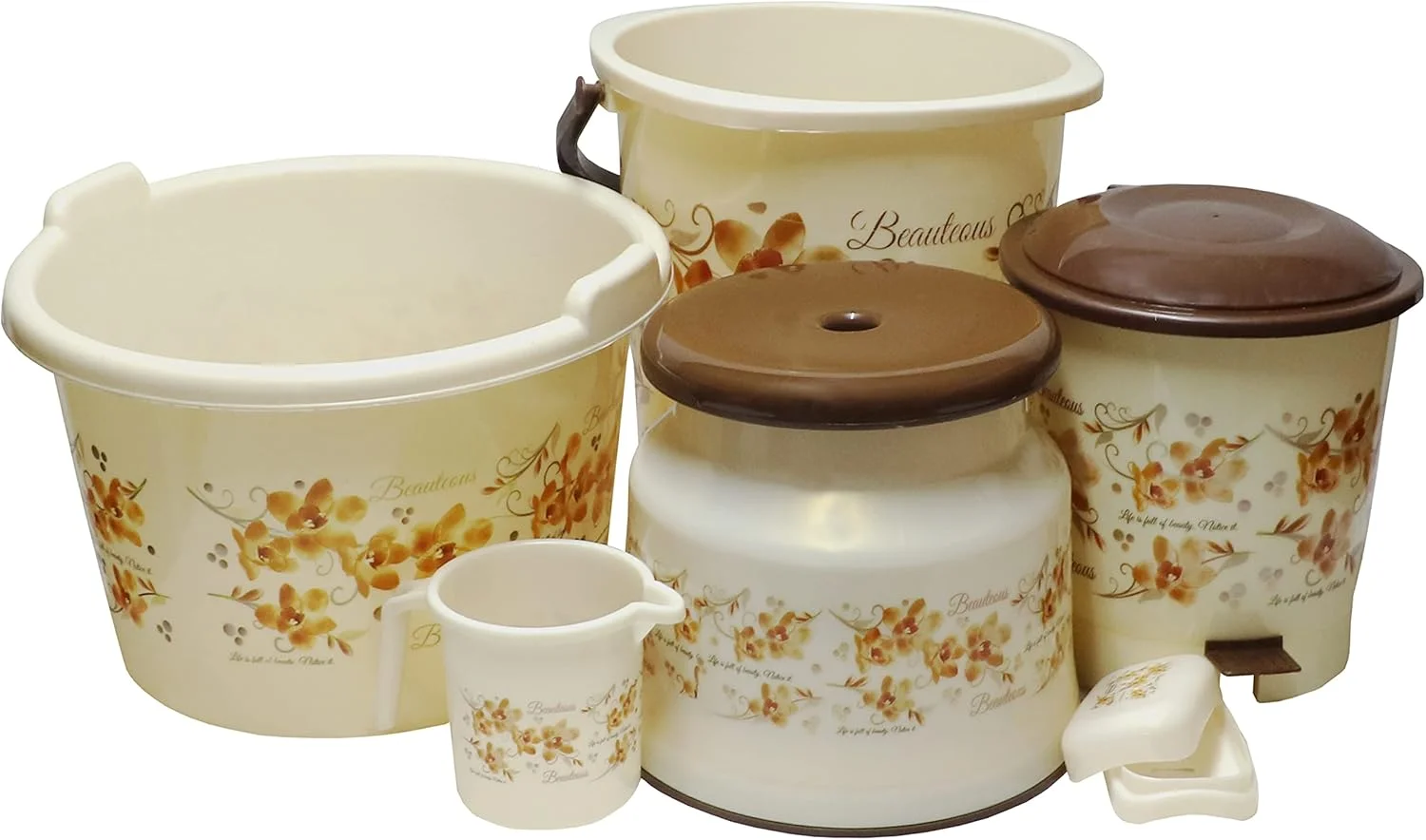 ست ۶ تکه لوازم حمام طرح گل AOOMI شامل سطل، لگن، لیوان ۱ لیتری، چهارپایه، سطل زباله و جای صابون