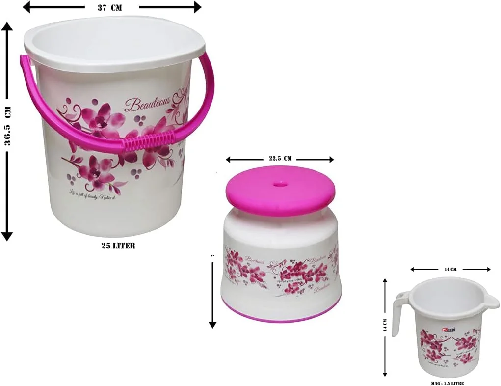 ست ۶ تکه لوازم حمام طرح گل AOOMI شامل سطل، لگن، لیوان ۱ لیتری، چهارپایه، سطل زباله و جای صابون