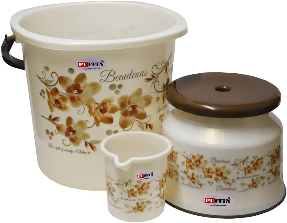 ست سطل حمام ۳ تکه طرح گل AOOMI شامل سطل ۲۵ لیتری + لیوان ۱.۵ لیتری + چهارپایه چند رنگ