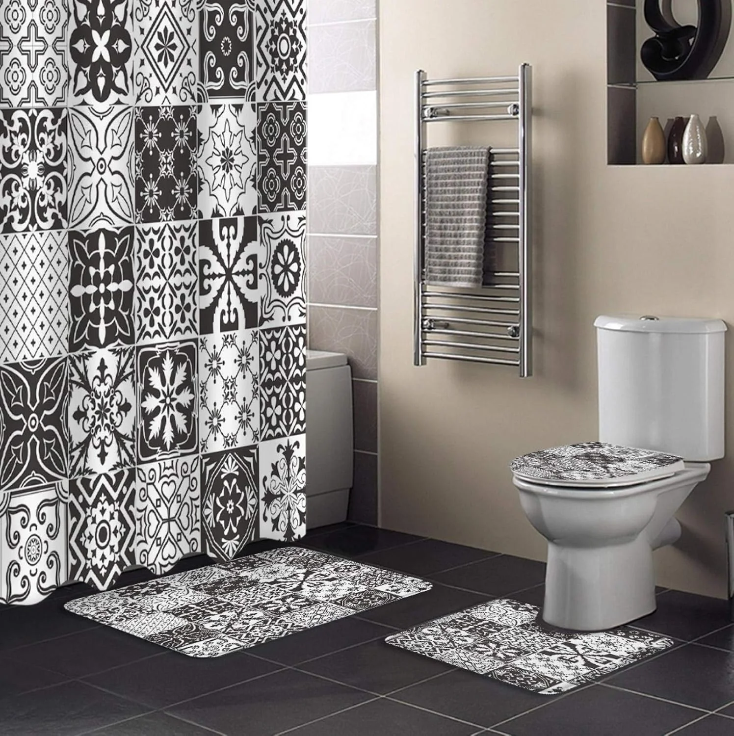 ست پرده حمام ضد آب با طرح گل مربعی، نقوش عربی، فرش دستشویی، روکش صندلی توالت و پادری