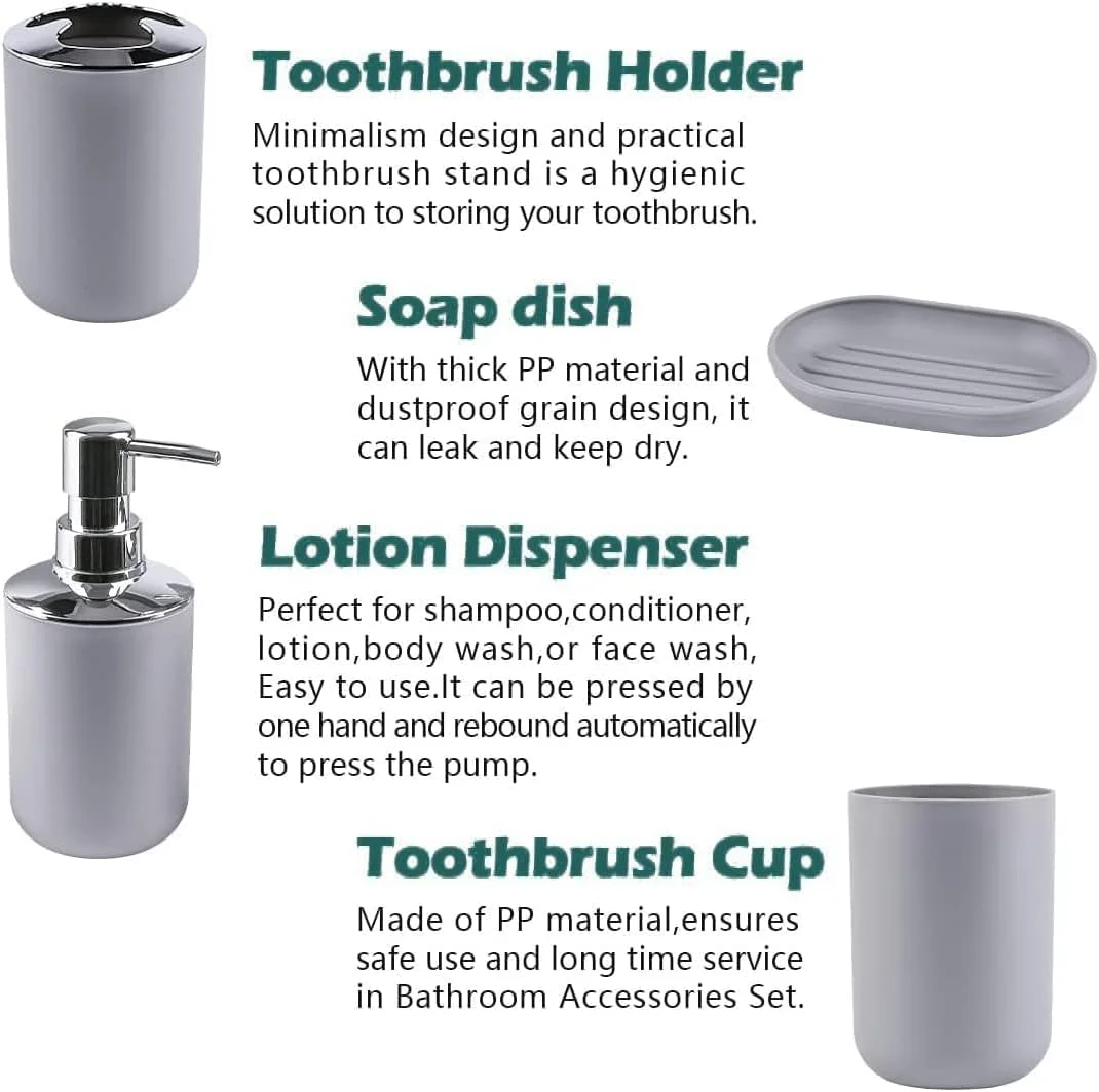 ست لوازم جانبی حمام، کیت حمام خاکستری ممتاز با لوازم جانبی هماهنگ، ست کامل حمام برای دکوراسیون مدرن منزل و طراحی رویه کابینت حمام