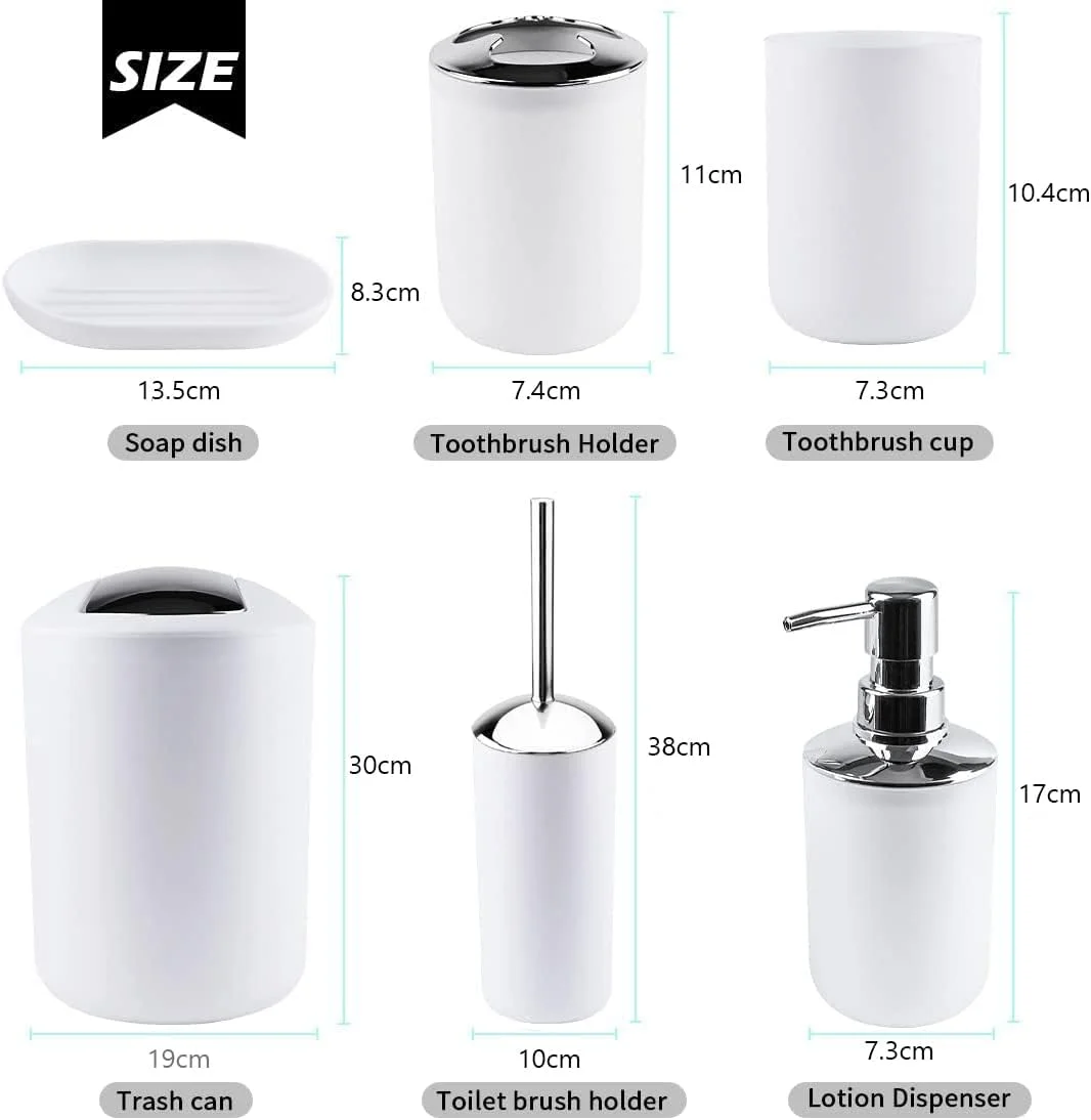 ست لوازم جانبی حمام Arabest، مجموعه 6 تکه پلاستیکی، ست های لوازم جانبی حمام، ست های دکوری حمام برای پیشخوان تزئینی و هدیه خانه نو (سفید)