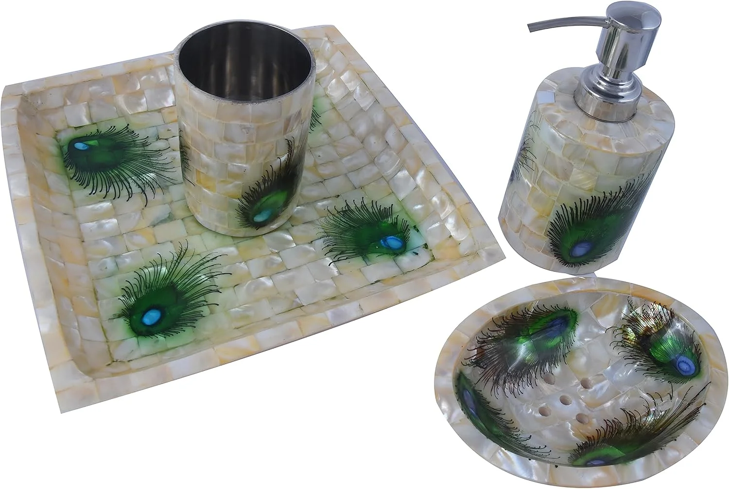 ست لوازم حمام ۴ تکه آرک وود آرت اینترنشنال، ست لوازم جانبی حمام منحصر به فرد، مجموعه رزین پلی با کیفیت بالا - جا مایع لوسیون/جا مسواکی/جا پنبه/سینی/لیوان