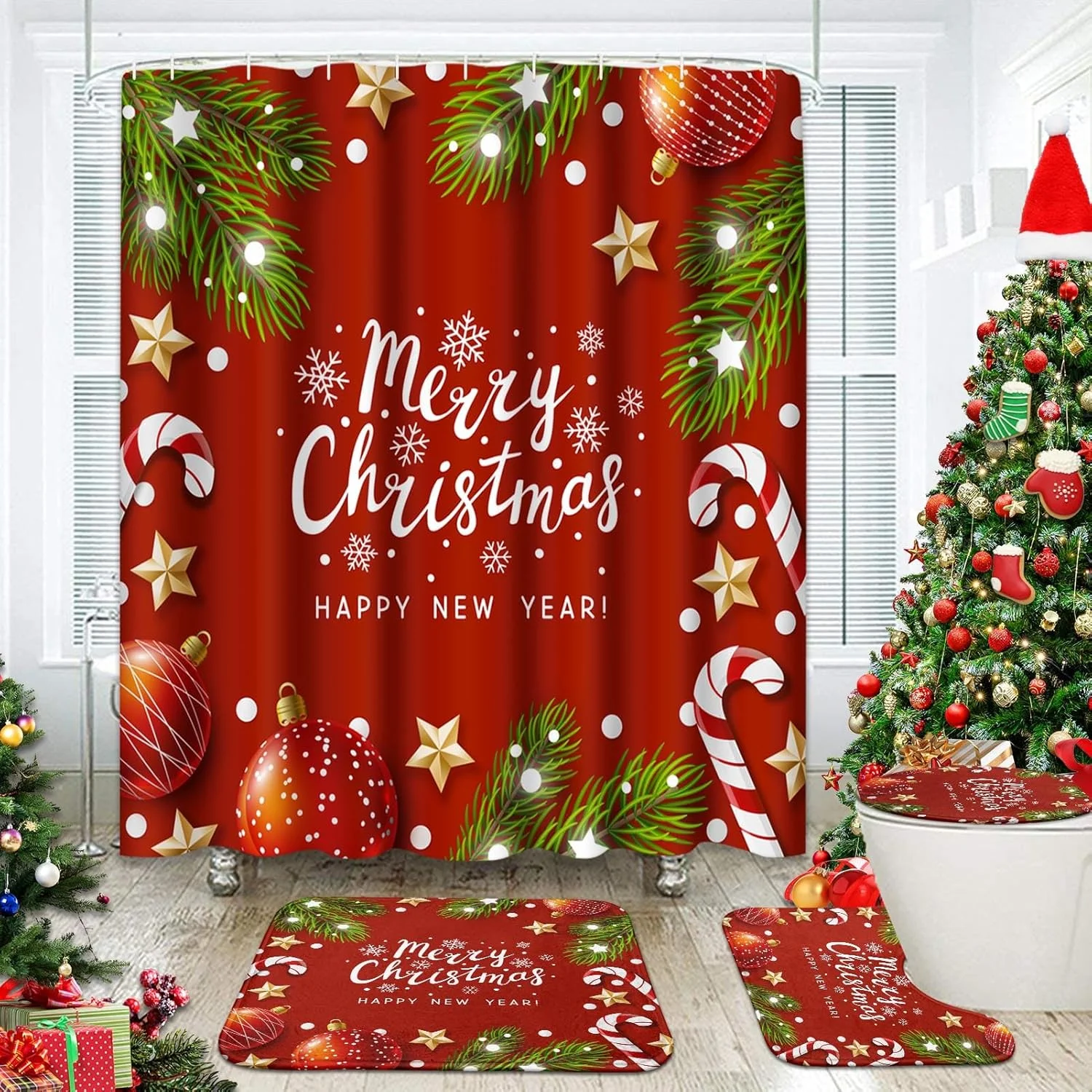 ست لوازم حمام آرت‌ساکت طرح کریسمس شاد شامل پرده حمام، پادری و متعلقات، ست پرده حمام طرح آب‌نبات عصایی و توپ کریسمس، پرده حمام طرح دانه‌های برف برای حمام، دکور زمستانی حمام 4 تکه