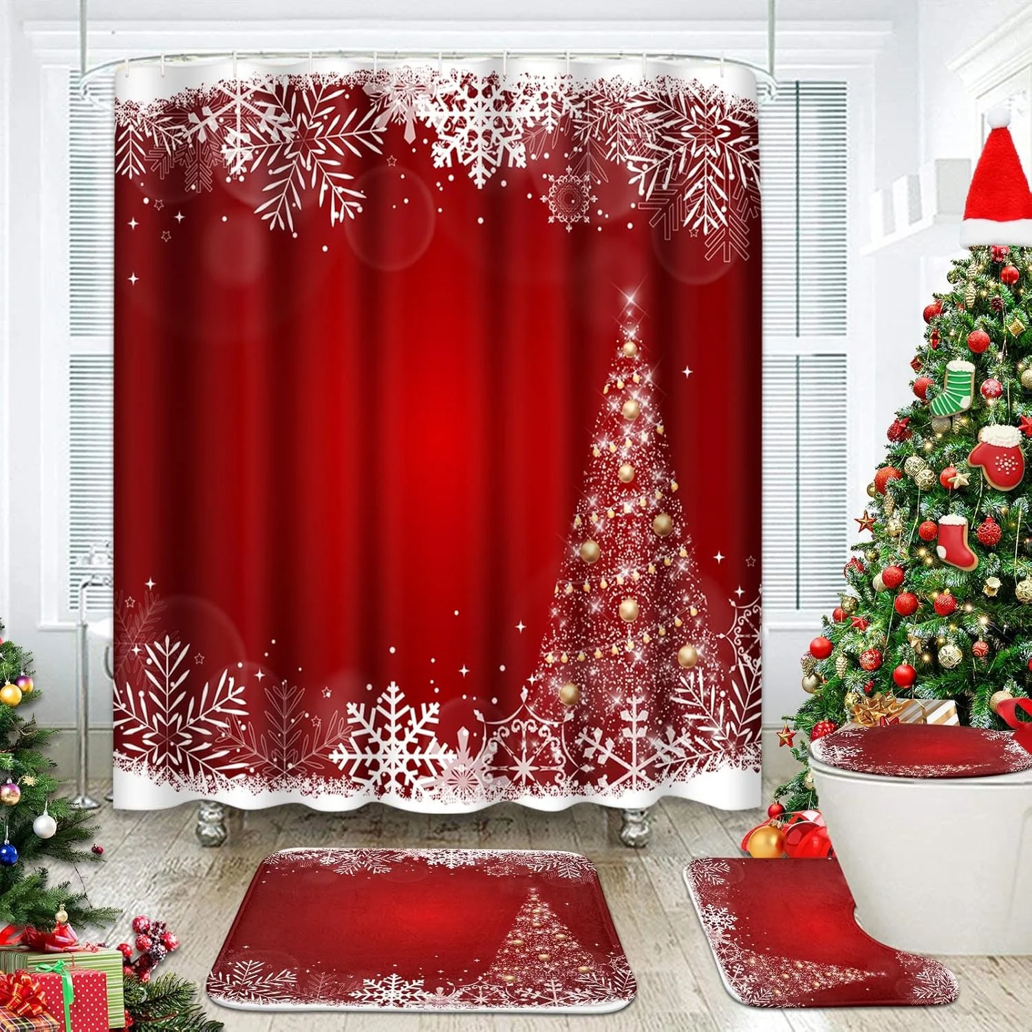 ست های حمام کریسمس مبارک ArtSocket با پرده حمام، فرش و لوازم جانبی، ست پرده حمام قرمز دانه برف، پرده حمام درخت توپ کریسمس برای حمام، دکور حمام زمستانی 4 تکه