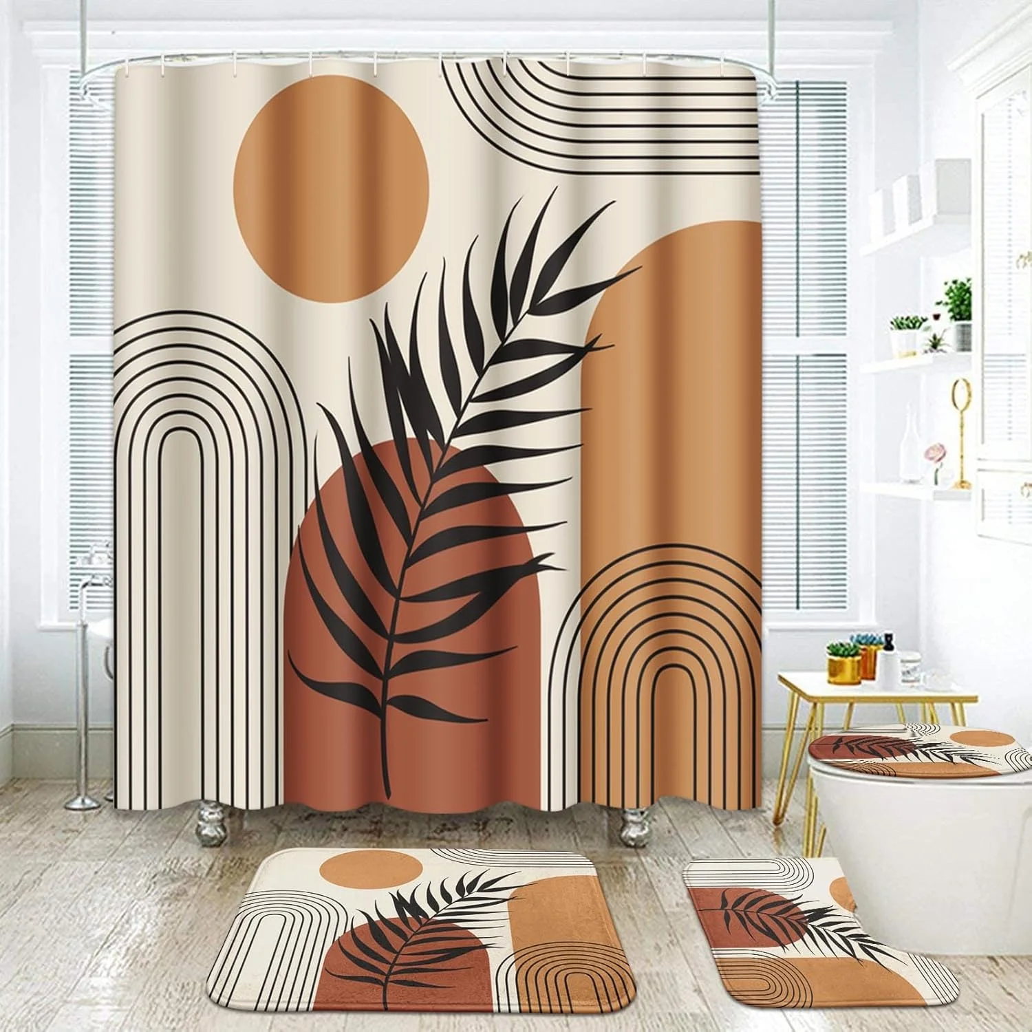 ست حمام بوهو ArtSocket شامل پرده حمام، فرش و لوازم جانبی، پرده حمام مدرن با طرح برگ های قهوه ای خورشیدی برای دکوراسیون حمام، 4 تکه