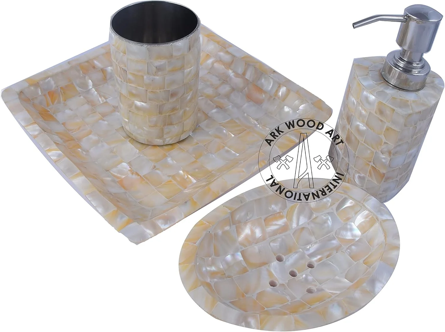 ست لوازم حمام، ست 4 تکه لوازم جانبی حمام از جنس رزین پلی با کیفیت بالا - جا مایع لوسیون/جا مسواکی/جا پنبه/سینی/لیوان